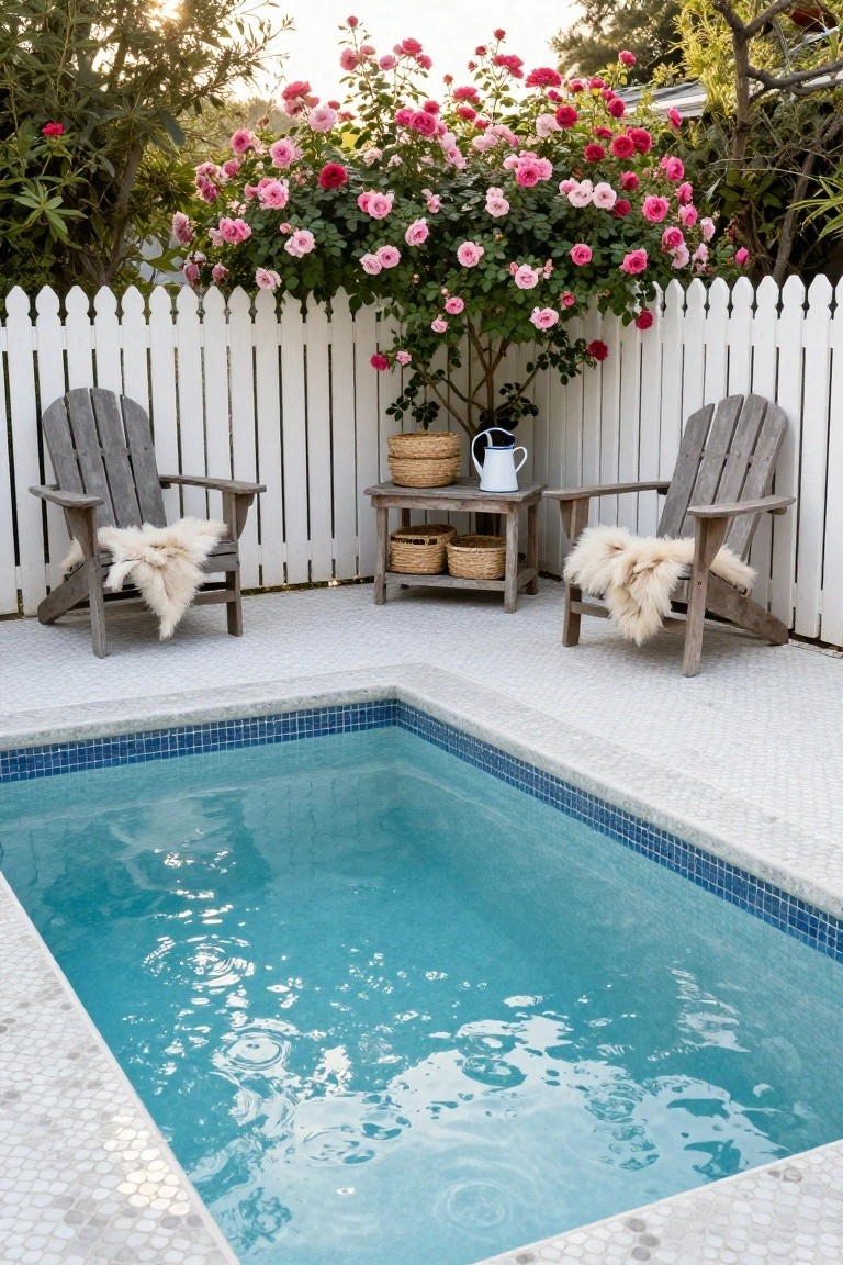 Small rectangular plunge pool with blue tiles surrounded by white dot mosaic tiled deck, flanked by two weathered Adirondack chairs with sheepskin throws on a side table, next to a white picket fence overgrown with pink climbing roses.
