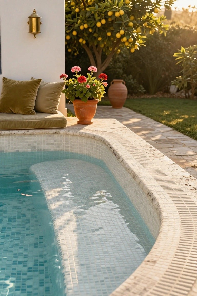 Close-up view of a curved outdoor pool edge tiled in small white mosaic tiles with turquoise water, topped by light stone coping, next to a cushioned bench, potted geraniums, terracotta pots, and a lemon tree against a white wall.