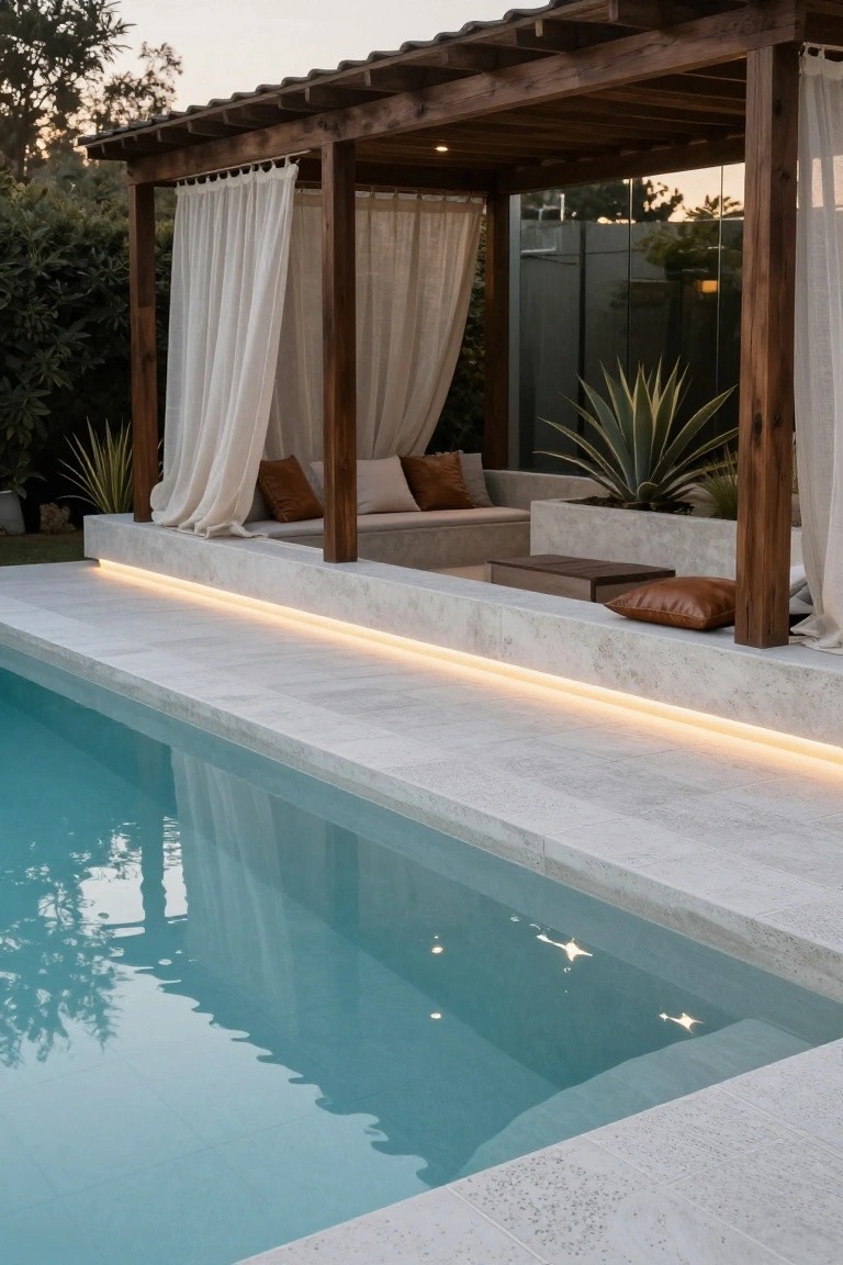 Outdoor infinity-style pool with smooth white stone decking and thin LED strip lighting along the edge, next to a wooden pergola lounge with beige cushions, sheer white curtains, potted agave plants, and greenery at dusk.