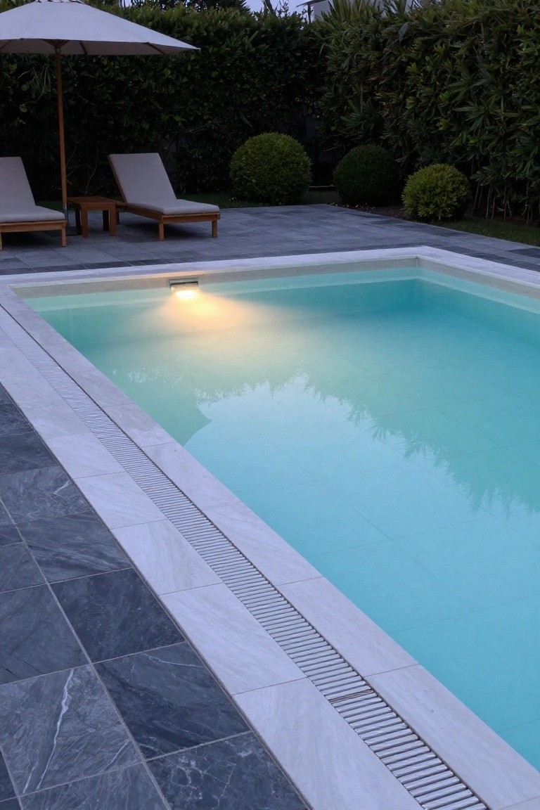 Rectangular pool with light turquoise water and underwater light, edged in white tiles against dark gray slate decking, wooden lounge chairs and umbrella nearby, hedges surrounding at dusk.