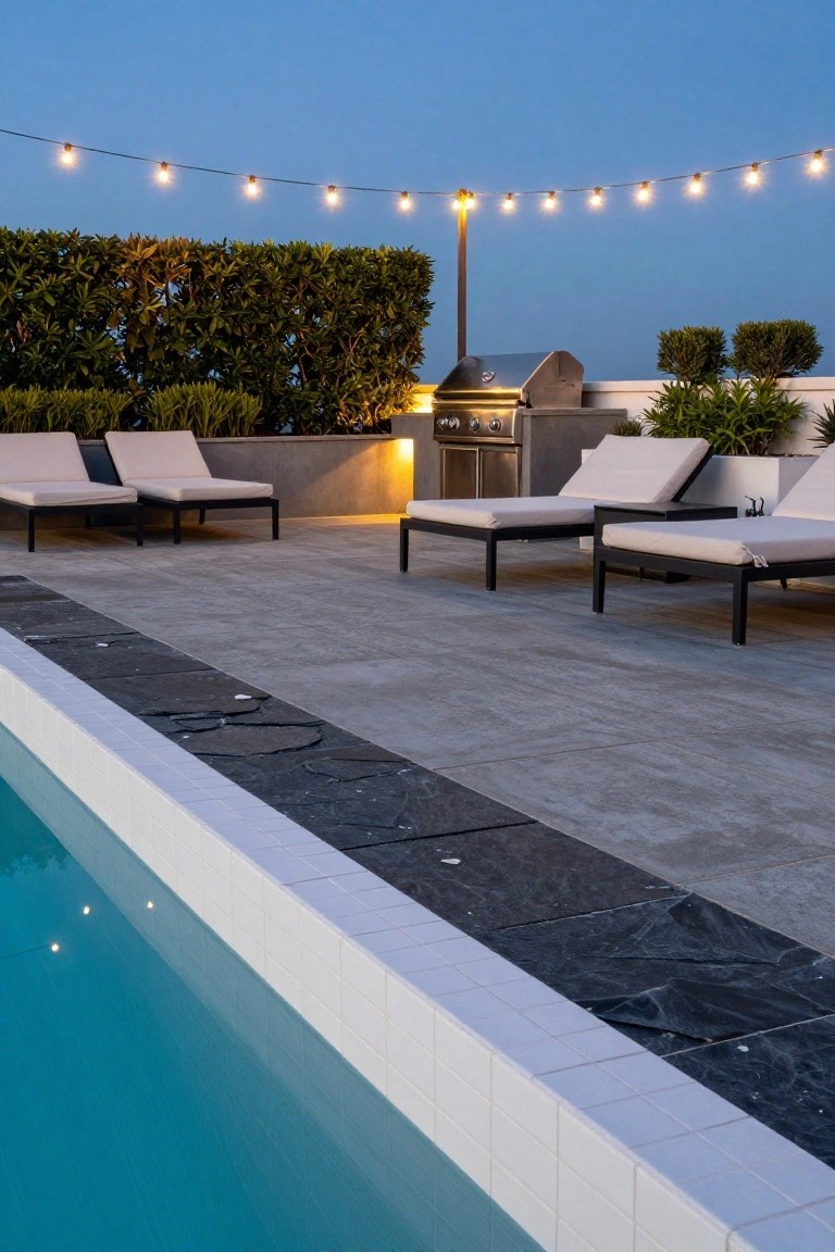 Rooftop terrace at dusk with rectangular pool featuring white tiles and dark slate border, beige lounge chairs, stainless steel BBQ grill, potted plants, hedges, and string lights overhead.