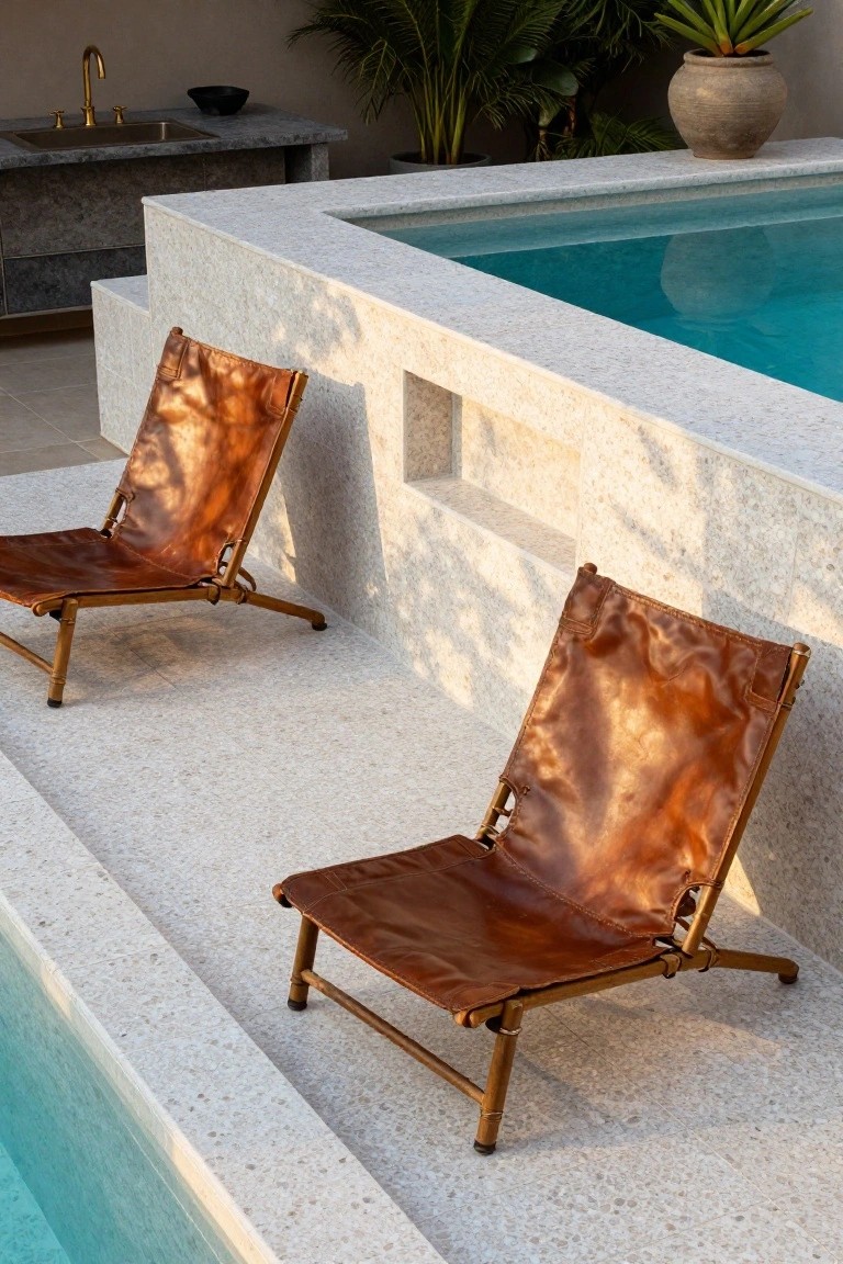 Two tan leather sling chairs on a white terrazzo deck beside a turquoise pool, with an outdoor stone sink, plants, and beige walls nearby.