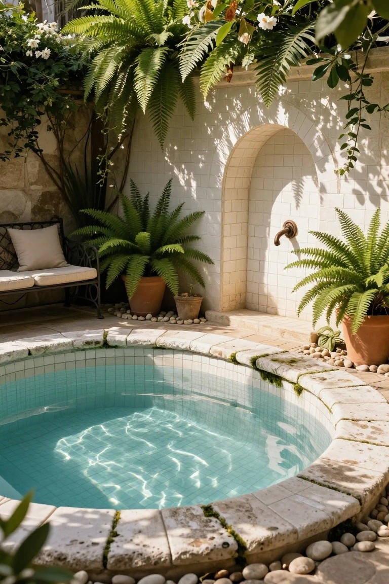 Small round turquoise pool with white tiles and stone edging in a lush outdoor courtyard featuring ferns, potted plants, a metal bench, white tiled walls, and an arched niche with a faucet.