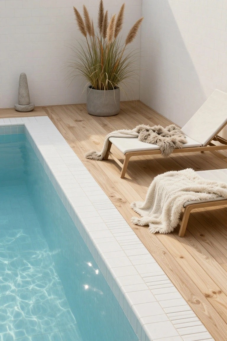 Light blue pool with white tile border next to a light wood deck holding two beige lounge chairs draped with white and beige blankets, a tall pampas grass plant in a concrete pot, and a small stone sculpture nearby against white walls.