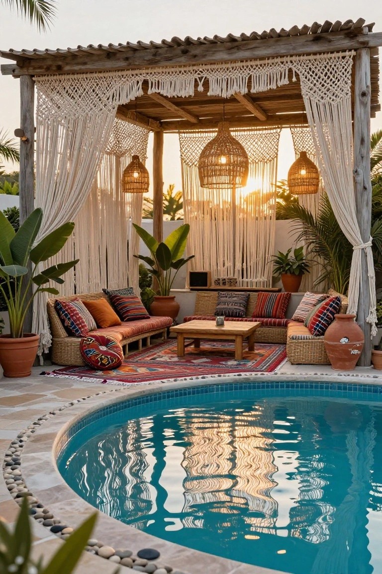 Wooden pergola draped with white macrame panels and hanging basket lights over rattan sofas with colorful cushions and a low wooden table on a pool deck next to a curved turquoise pool surrounded by potted plants and terracotta pots.