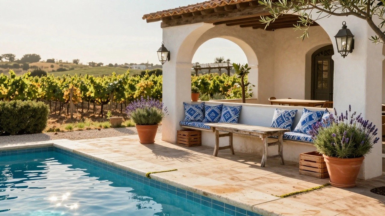 White stucco arched terrace with wooden dining table, built-in benches with blue cushions, potted plants, and stools next to a pool edge overlooking vineyards and olive trees.