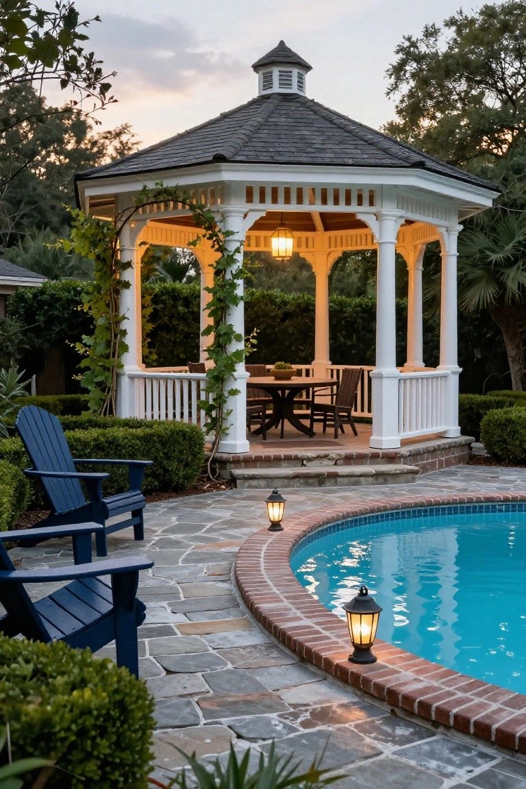 White octagonal gazebo with climbing vines, round wooden dining table, and chairs on a stone pool deck next to a curved blue swimming pool, with Adirondack chairs, boxwoods, lanterns, and surrounding trees at dusk.
