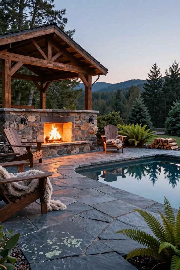 Wooden gazebo sheltering a lit stone outdoor fireplace with Adirondack chairs on a slate deck next to a pool in a forested backyard at dusk.