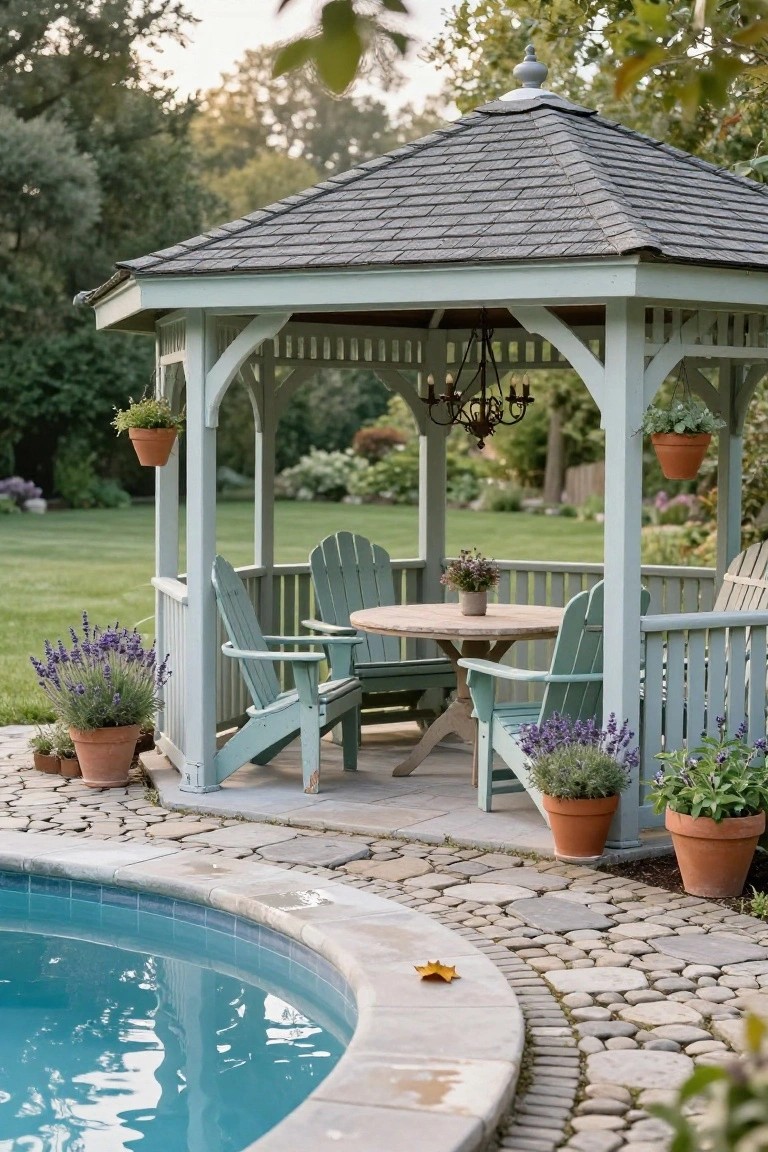 Light green wooden gazebo with Adirondack chairs around a round wooden table next to a curved pool edge, pebble stone path, potted plants, and lavender bushes.