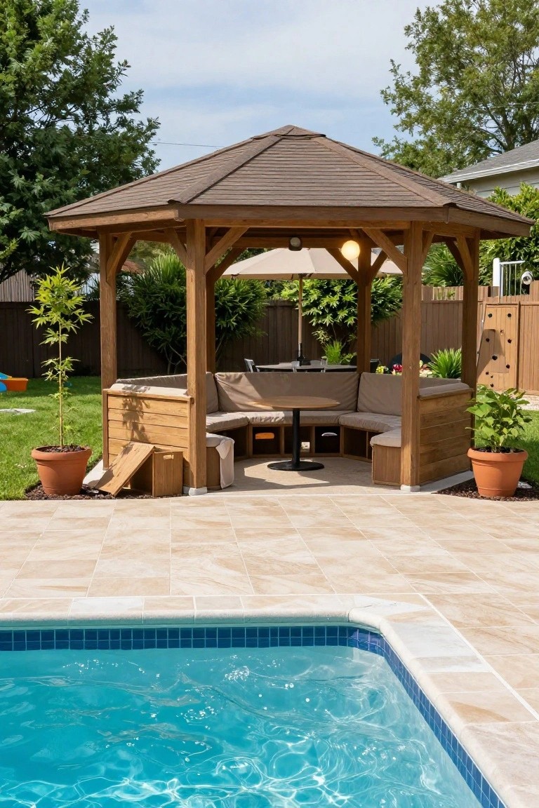 Wooden octagonal gazebo with built-in wraparound benches, beige cushions, round table, potted plants, and umbrella on tiled pool deck next to swimming pool.