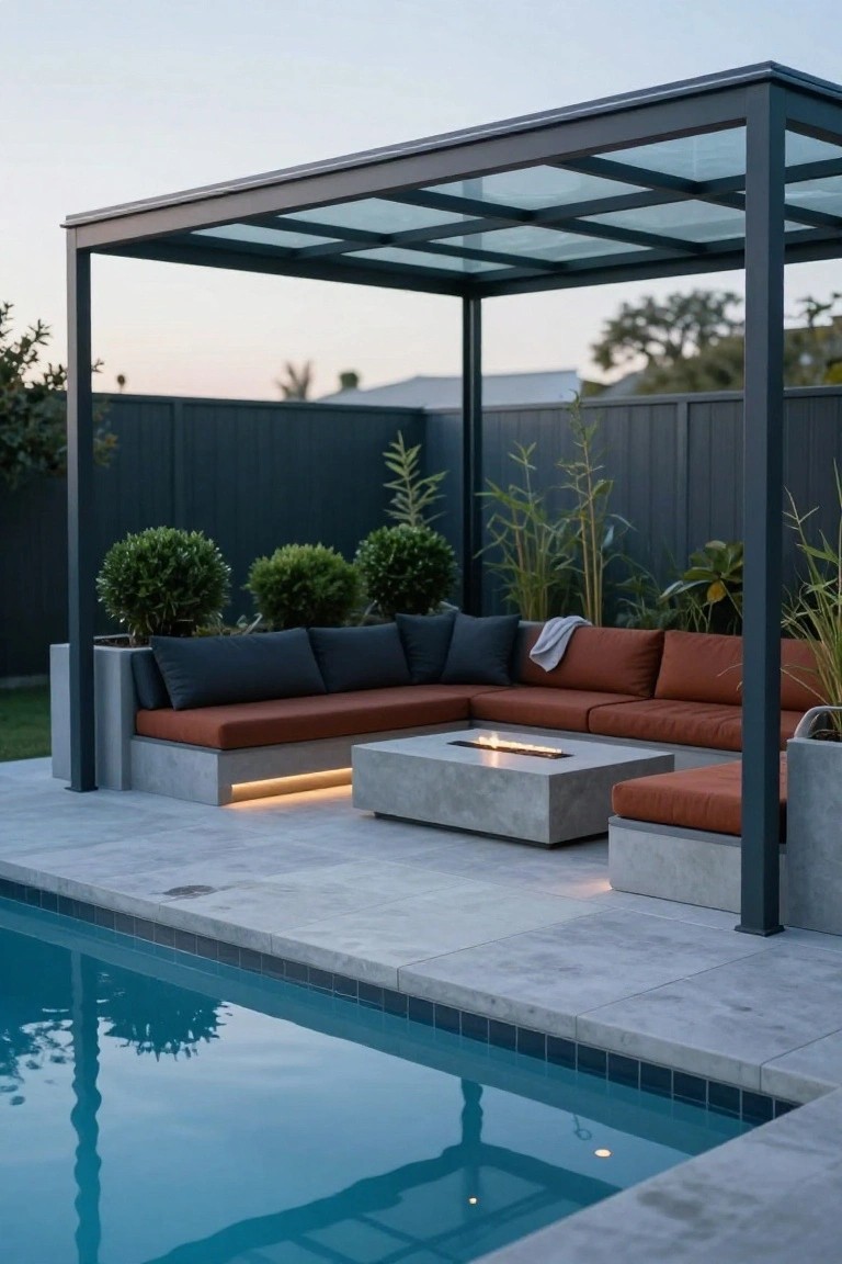L-shaped concrete outdoor seating with rust-colored cushions and a gas fire table under a glass-roofed metal pergola next to a pool, with potted plants, bamboo, and a dark fence in the background.
