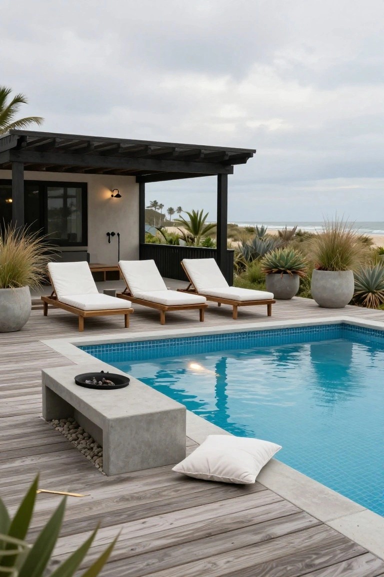 Wooden deck next to a blue mosaic pool with three white-cushioned teak loungers, a gray concrete bench holding a fire bowl at the pool edge, a white pillow on the deck, potted plants, and a black pergola structure with beach view beyond.