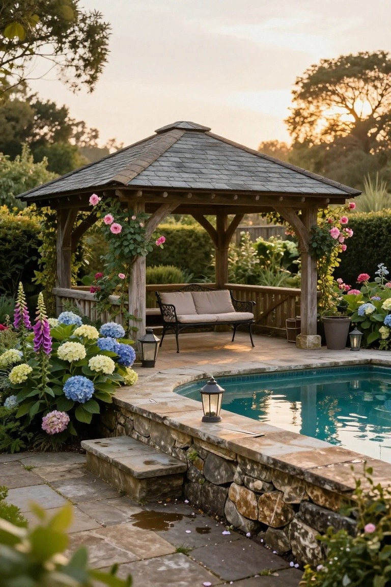 Wooden gazebo with slatted bench seating on a curved stone pool deck edge, surrounded by pink roses, blue hydrangeas, foxgloves, lanterns, and a turquoise pool at sunset.