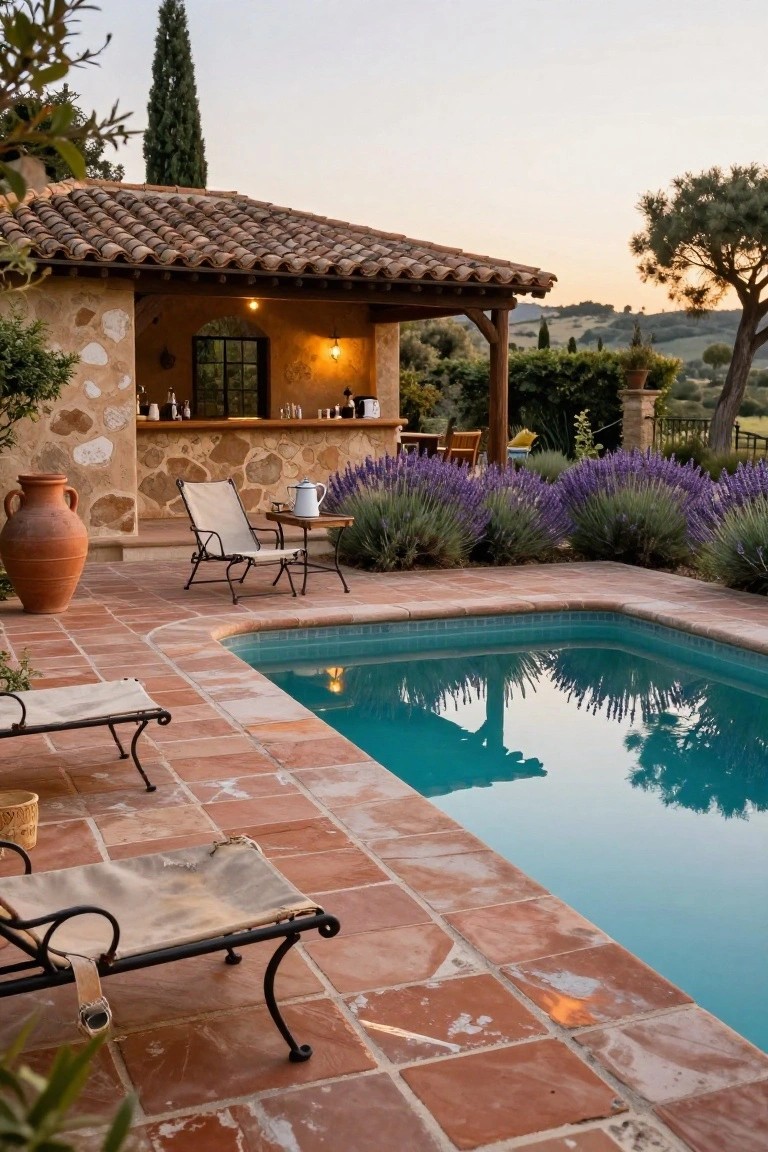 Turquoise rectangular pool with terracotta tile decking, adjacent stone bar under wooden pergola, lounge chairs, lavender bushes, large terracotta pots, and rustic stone house with trees in the background at dusk.
