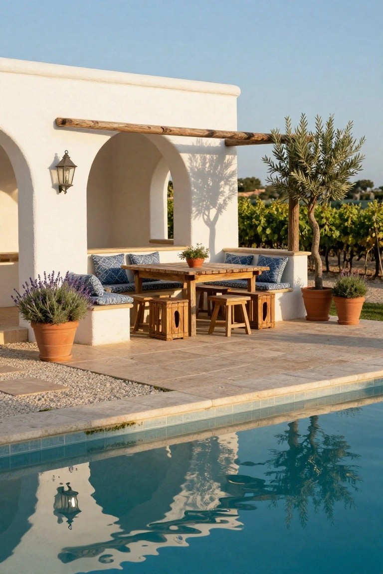 White stucco arched terrace with wooden dining table, built-in benches with blue cushions, potted plants, and stools next to a pool edge overlooking vineyards and olive trees.