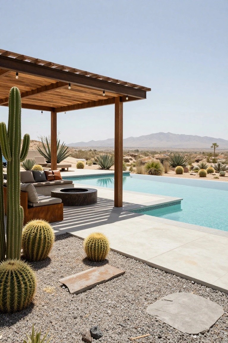 Wooden pergola with string lights shades a pool deck lounge area with low beige seating, round stone fire pit, barrel cacti, and turquoise infinity pool against desert mountains.