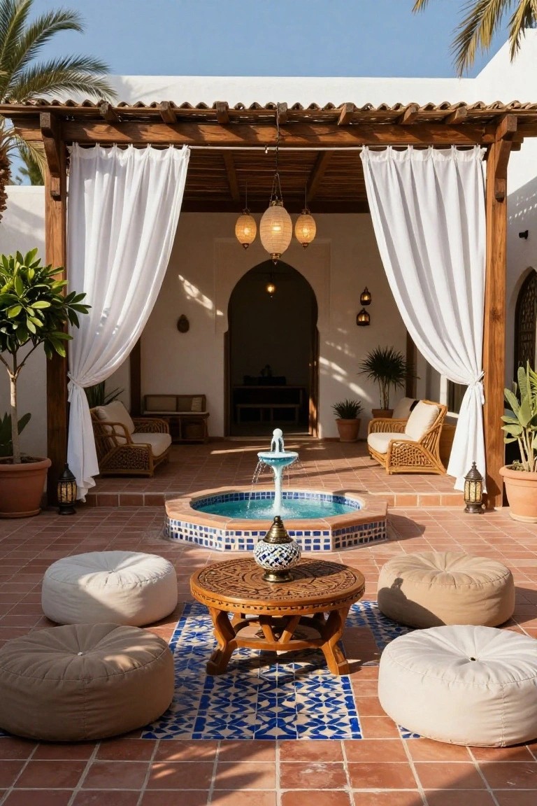 Outdoor courtyard with a wooden pergola draped in white curtains over a central blue-tiled fountain pool, surrounded by terracotta tiles, beige poufs, a low wooden table, wicker chairs, potted plants, and palm trees.