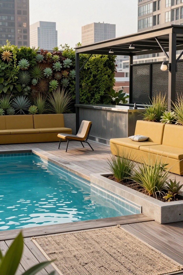Rooftop deck with small rectangular pool, yellow modular sofas, stainless bar under black metal pergola, vertical succulent plantings, and city buildings in background.