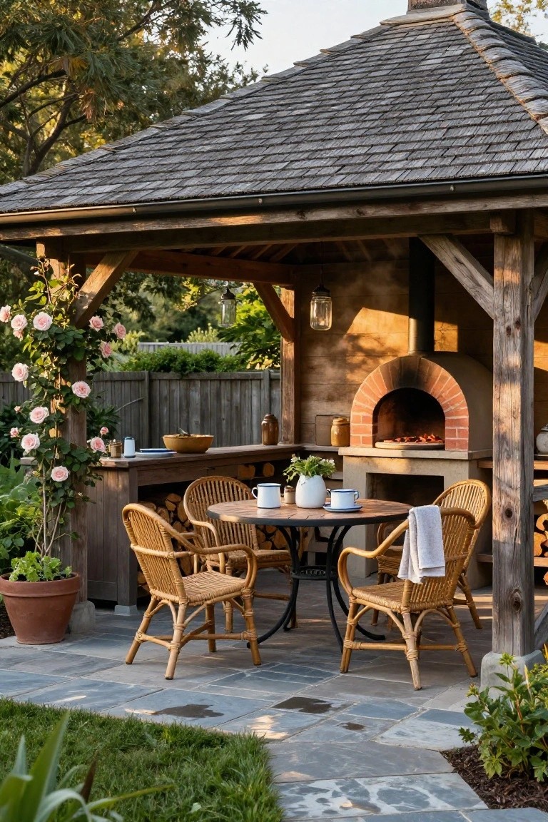 Rustic wooden gazebo with brick wood-fired pizza oven built into wooden counter, firewood storage below, rattan chairs at round table on slate paver patio with climbing roses and potted plants.