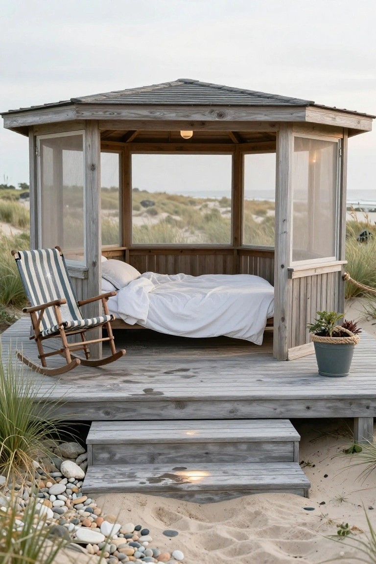 Wooden octagonal gazebo with screened panels on a deck near beach dunes, containing a white bed and striped rocking chair beside potted plants.