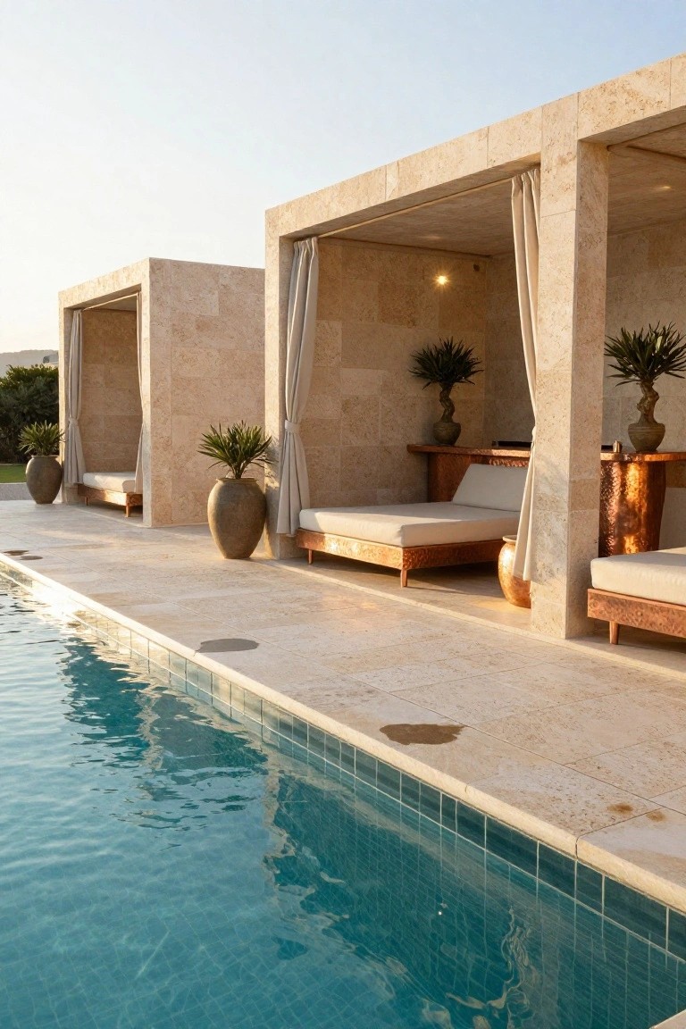 Pool deck lined with three open stone cabanas featuring draped beige curtains, potted plants, copper-based daybeds with white cushions, and a turquoise tiled pool in the foreground at dusk.