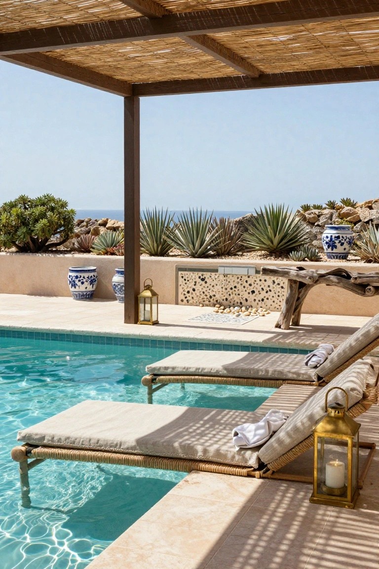 Turquoise pool with two beige cushioned loungers under a thatched pergola on beige stone deck, flanked by blue vases, agave plants, and driftwood bench, overlooking ocean.