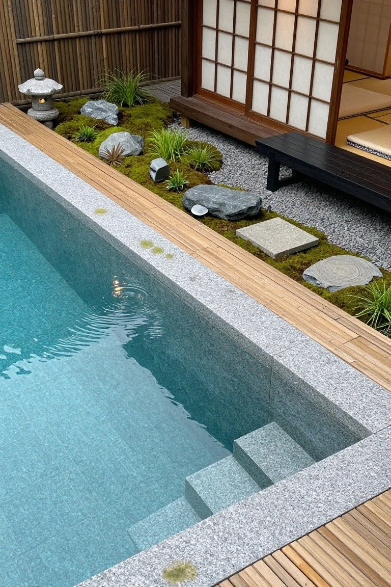Overhead view of a rectangular turquoise pool with gray granite coping and wooden deck platform, bordered by moss-covered rocks, gravel, low plants, stone lantern, black bench, and shoji screens with bamboo fencing.