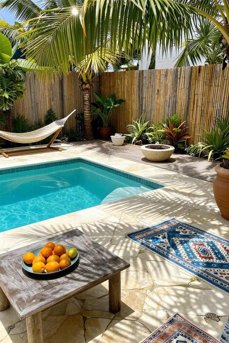 Small turquoise semi-inground pool with blue tile edges on a light stone deck, enclosed by bamboo fencing, surrounded by tropical plants, palms, a white hammock, stone fire bowl, potted plants, and a wooden table holding a plate of oranges on a blue patterned rug.