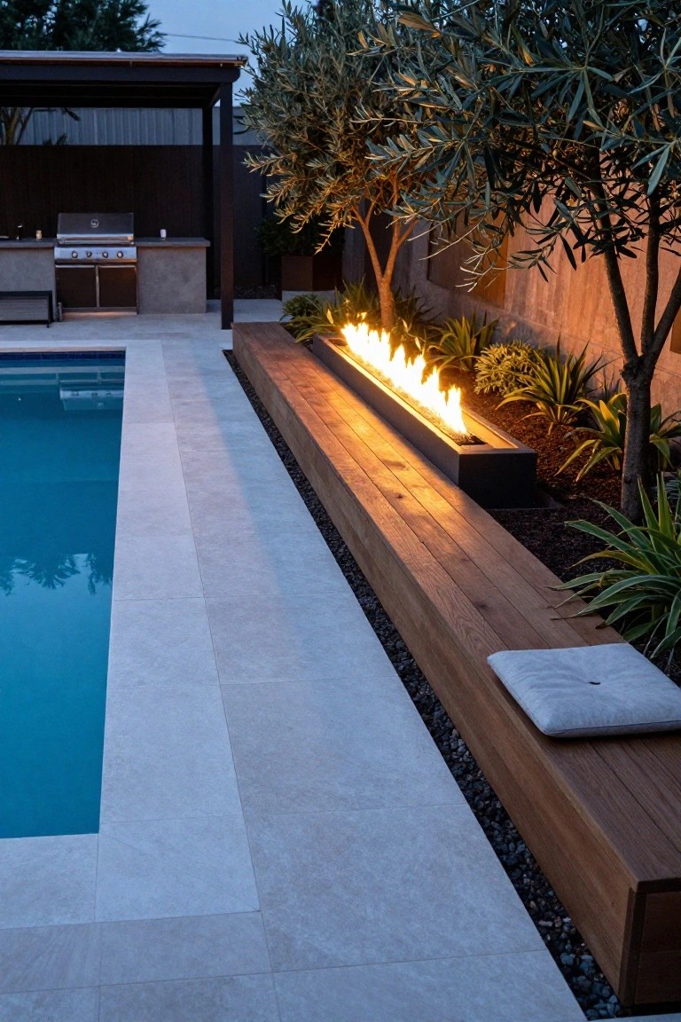 Long wooden bench with integrated linear gas fire pit along the edge of a rectangular pool, surrounded by pebble mulch, low plants, and olive trees, with a covered barbecue area nearby.