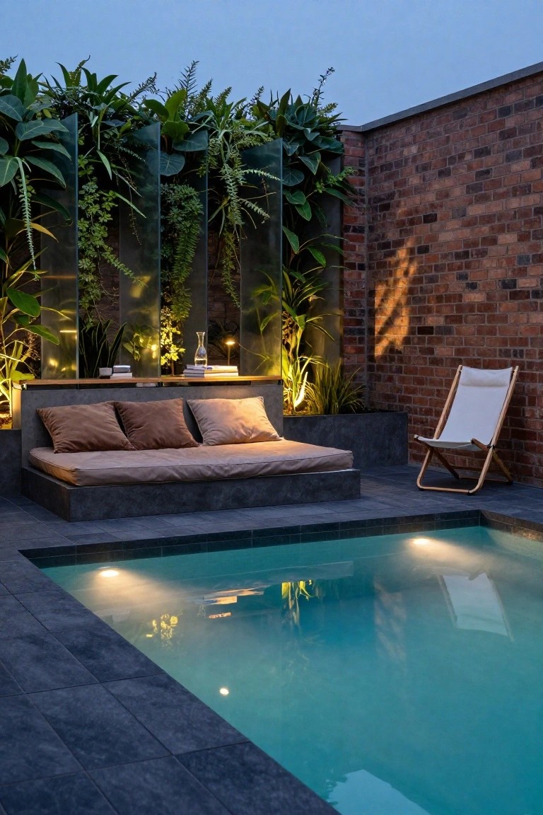 Semi-inground pool with dark tiled deck and built-in beige platform daybed topped with brown and beige pillows, white canvas lounger chair nearby, glass panels with green plants, and brick wall at dusk.