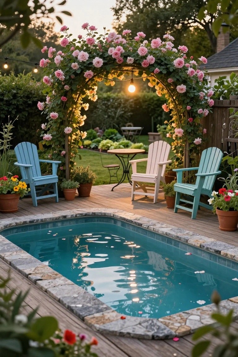 Wooden deck around a small turquoise semi-inground pool with blue and white Adirondack chairs, potted plants, and a rose-covered archway leading to a garden at dusk.