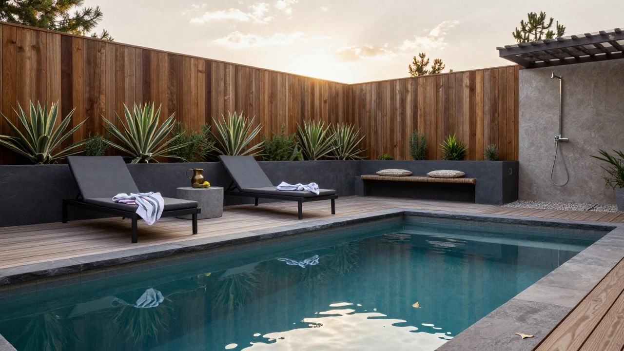 Small semi-inground pool with blue water, surrounded by light wood decking and gray concrete edging, black lounge chairs with towels, potted agave plants, yellow pitcher on concrete cube, and stainless steel outdoor shower on dark stucco wall next to wooden fence.