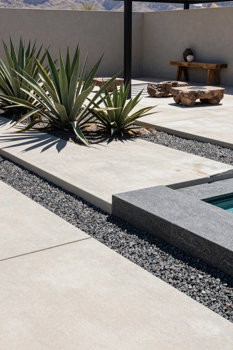 Semi-inground pool deck with pale concrete slabs separated by black gravel strips, clusters of agave plants, wooden bench, stone tables with fire pits, beige walls, metal shade post, and distant mountains.