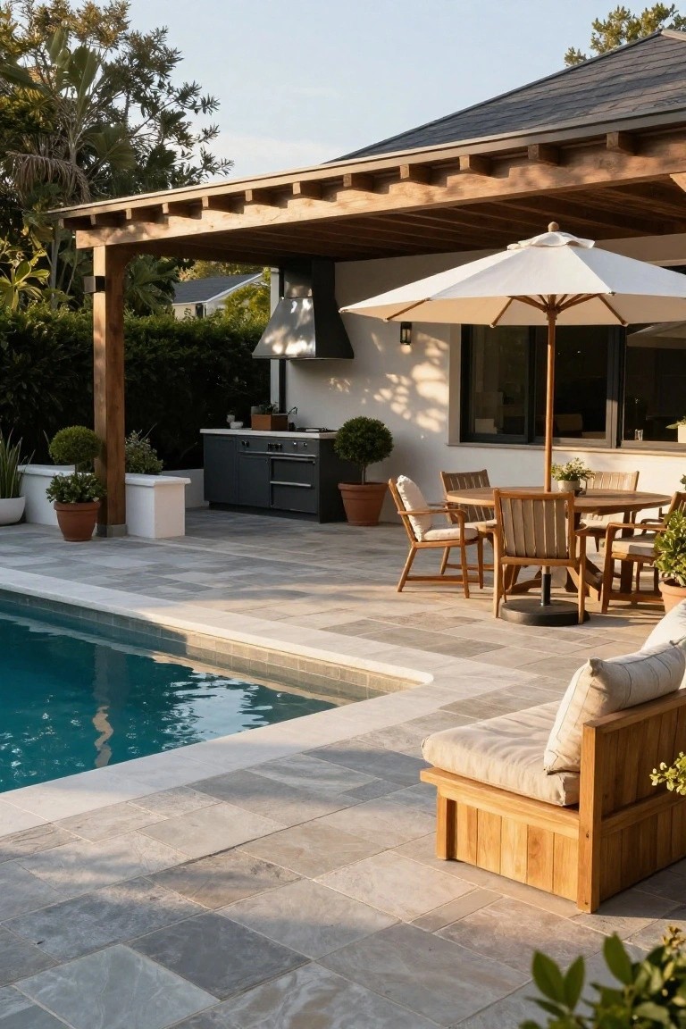 Semi-inground turquoise pool surrounded by light gray rectangular tiled deck with adjacent black outdoor kitchen under wooden pergola, teak dining table with chairs, and wooden lounge bench nearby.