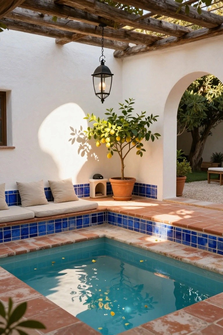 Small semi-inground turquoise pool with blue tiled edges and terracotta decking surrounded by built-in beige cushioned benches under a wooden pergola, next to a potted lemon tree and white walls with an arched opening.