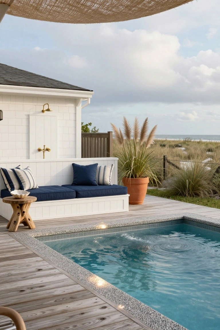 Semi-inground pool with turquoise water and pebbled tile edge on a light wooden deck, next to a built-in bench with navy cushions and striped pillows against a white tiled wall with brass shower fixture, potted plants, beach grasses, and ocean view in background.