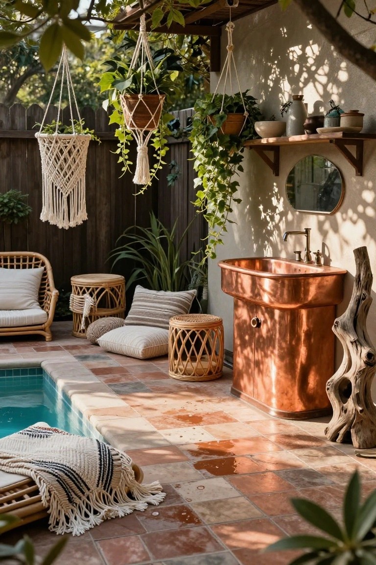 Semi-inground turquoise pool edged by terracotta tiles, with rattan armchairs, stools, cushions, woven throw, macrame hanging planters, potted plants, ceramics on shelves, and copper basin sink on a white wall under shade.