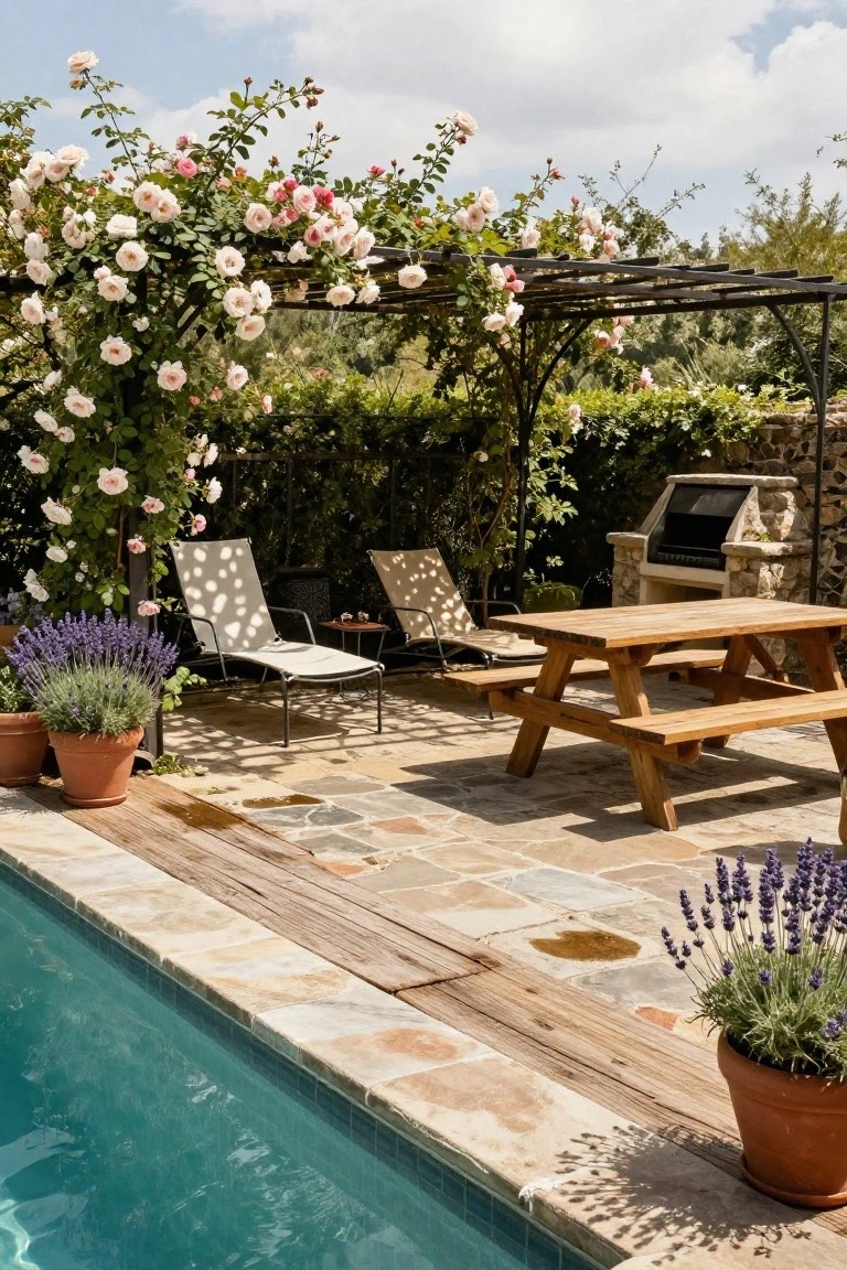Semi-inground turquoise pool edged in stone pavers and wood decking, with a metal pergola covered in pink climbing roses shading beige lounge chairs, wooden picnic table and benches, stone barbecue, and potted lavender plants on a tiled patio.