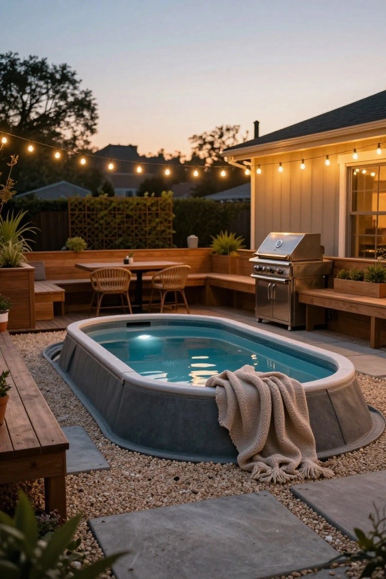 Semi-Inground Pool with Deck Benches