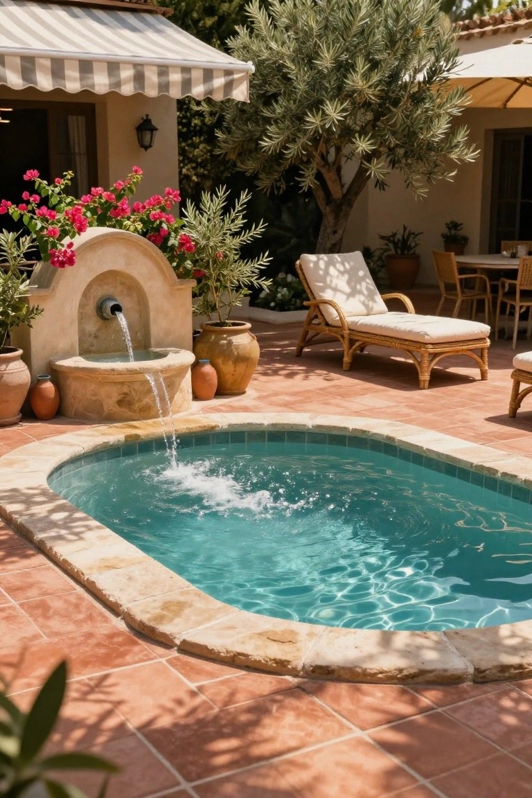 Oval semi-inground pool with fountain water spilling in, surrounded by terracotta tiles, stone edging, potted plants, loungers, and an outdoor dining table in a courtyard with olive trees and awnings.