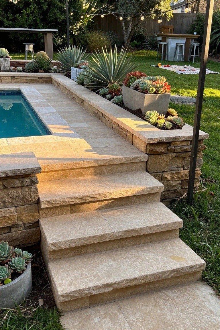 Semi-inground turquoise pool with beige travertine decking, broad matching steps leading from grass to pool edge, stone retaining walls topped with succulents and agaves, adjacent lawn, wooden bar, and string lights.