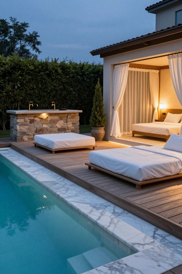 Dusk view of a semi-inground pool with white marble coping edged by a light wood deck holding two white platform daybeds, a stone bar with faucets, potted plants, and a curtained cabana with bed.