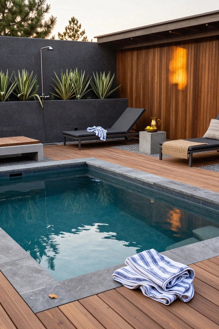 Small semi-inground pool with blue water, surrounded by light wood decking and gray concrete edging, black lounge chairs with towels, potted agave plants, yellow pitcher on concrete cube, and stainless steel outdoor shower on dark stucco wall next to wooden fence.