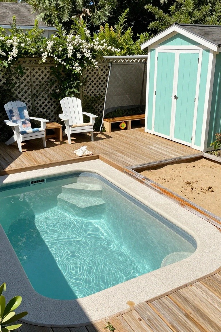 Semi-inground turquoise pool surrounded by light wooden decking, with two white Adirondack chairs on the deck, a turquoise shed nearby, lattice fence with white flowering vines, and a small sand area adjacent to the pool edge.