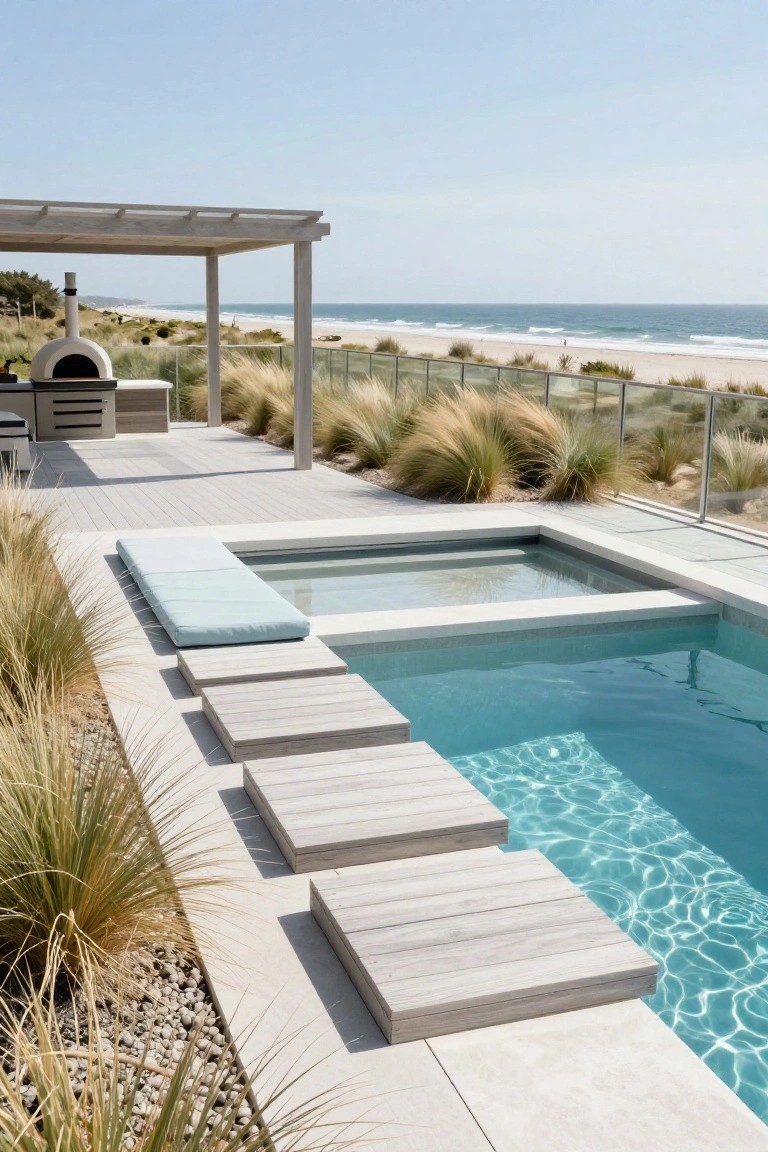 Semi-inground pool with turquoise water edged in white stone and surrounded by square light wood platforms used as steps, dune grasses along the sides, white decking, wood-fired oven nearby, and ocean beach view beyond glass fencing.