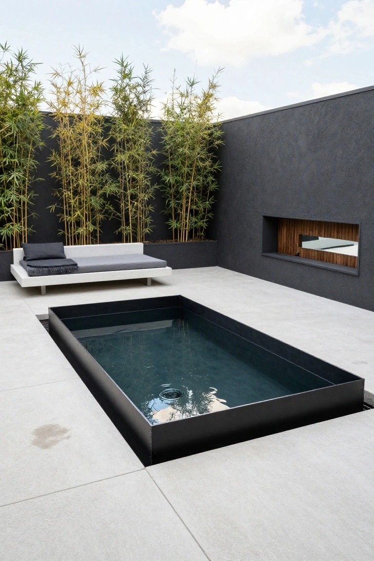 19 Clever Metal Tank Pool Ideas For A Polished Outdoor Look Rectangular pool with black metal frame and dark green water on light stone terrace, white daybed with gray cushions nearby, tall bamboo plants screening dark textured wall with inset wood fire feature.