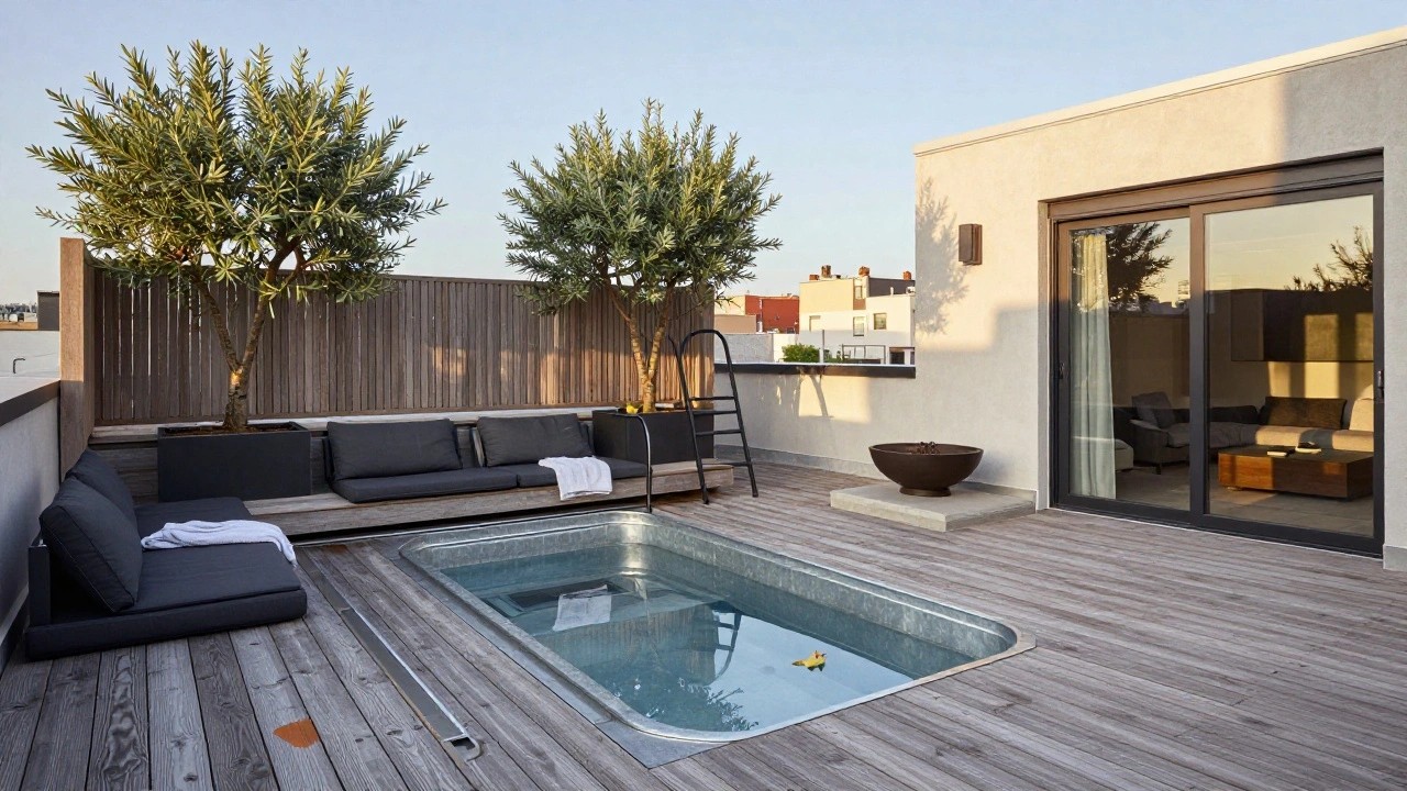 Rooftop terrace with L-shaped gray sofa, white towels, black round fire pit, glass-floored pool section containing water and a yellow fish, adjacent cylindrical silver metal tank, potted olive trees, wooden decking, and glass doors on a building.