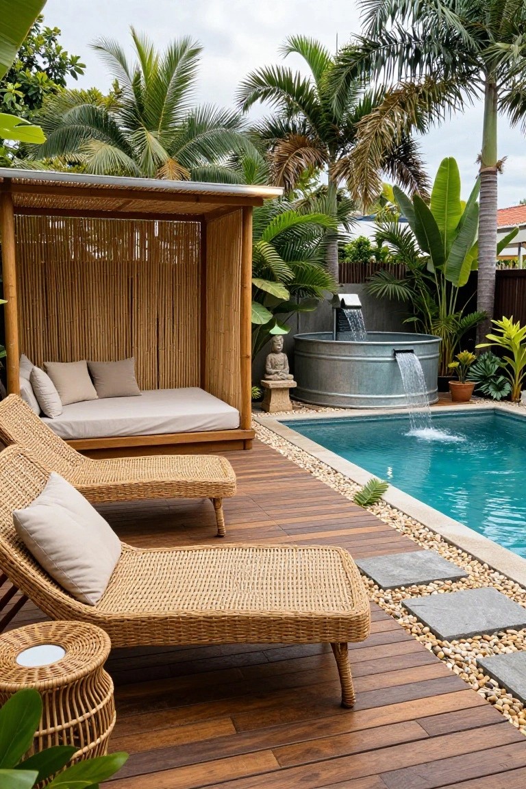 19 Clever Metal Tank Pool Ideas For A Polished Outdoor Look Galvanized metal stock tank on a stone base with water cascading from a spout into an adjacent turquoise swimming pool, wooden deck with rattan loungers and side table, bamboo privacy screen enclosure with daybed, tropical plants, and palm trees in the background.
