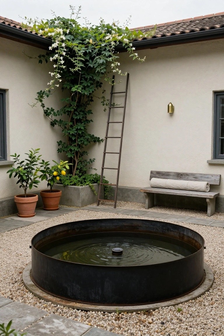 19 Clever Metal Tank Pool Ideas For A Polished Outdoor Look A circular black rusted metal tank filled with greenish water and a central bubbler functions as a pool in a gravel courtyard, with potted lemon trees, a wooden bench with linen cushion, climbing vines on a beige stucco wall, and a leaning ladder nearby.