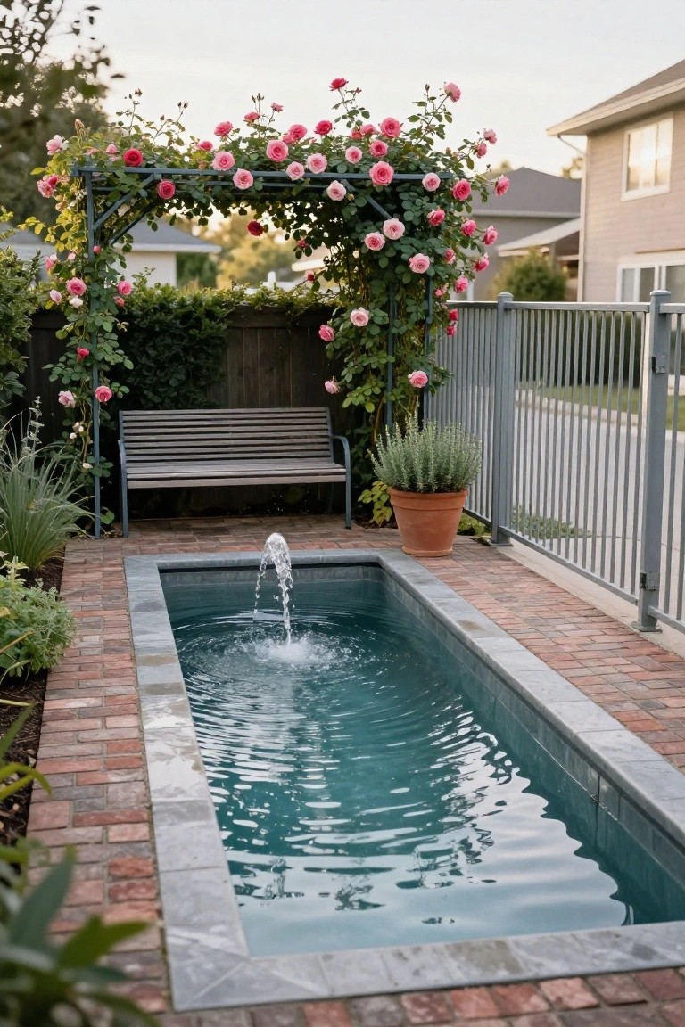 19 Clever Metal Tank Pool Ideas For A Polished Outdoor Look Narrow rectangular in-ground pool with central water fountain surrounded by brick pavers, wooden bench, rose-covered metal arbor, potted plants, and fence in a backyard garden.